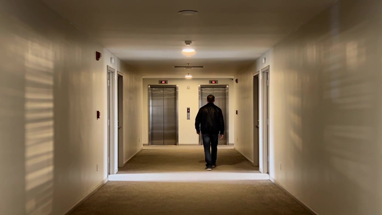 Entering frame walking man wearing dark jacket and jeans moving down carpeted hall to elevators
