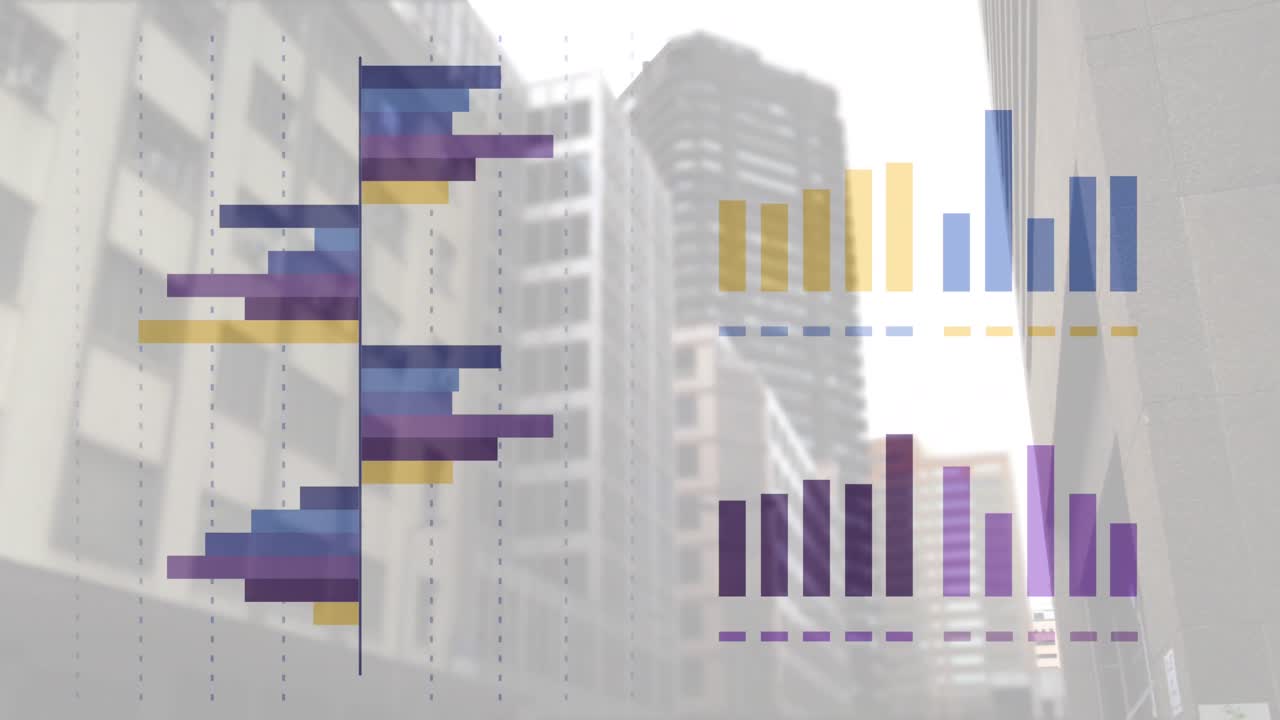 animación del procesamiento de datos financieros sobre el paisaje urbano
