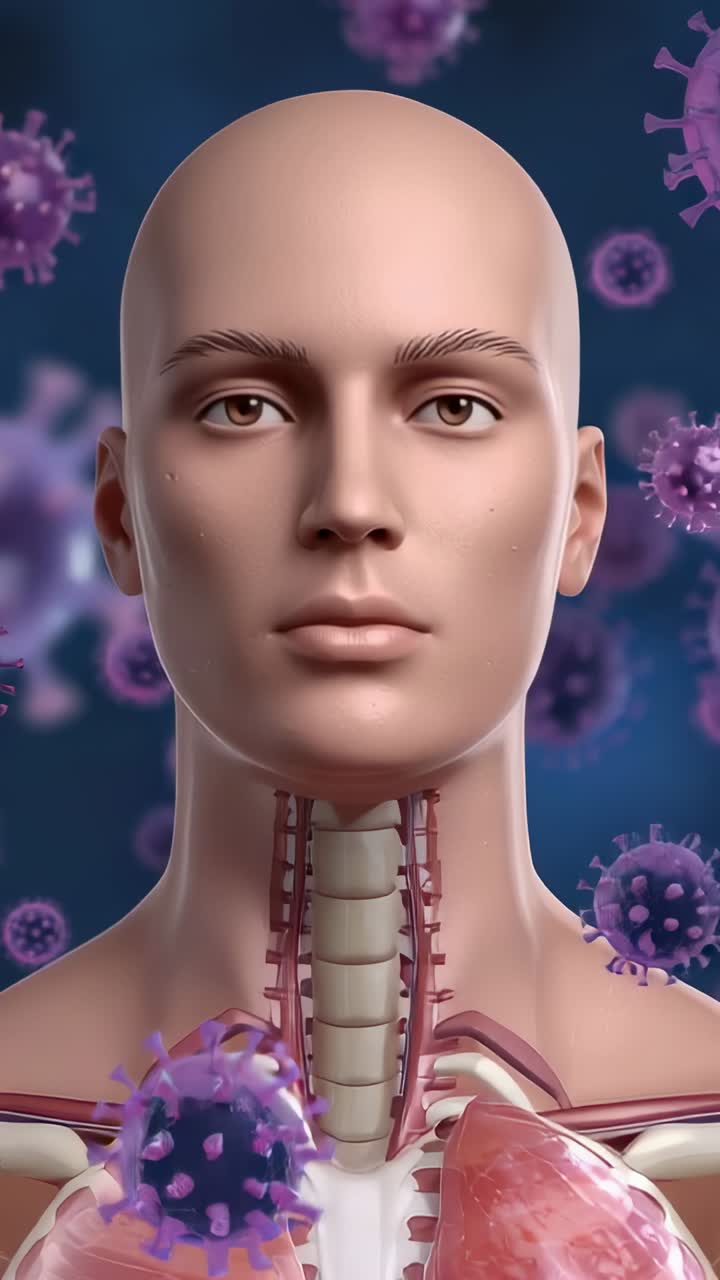 Vertical video: 3D model opening eyes as purple viruses drift around trachea, lungs in blue