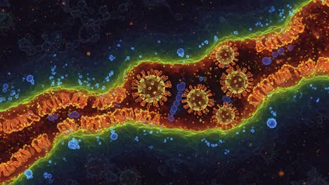 microscopic visualization of viral particles and cellular interaction in a vibrant biological environment illustrating infectious agents and immune response