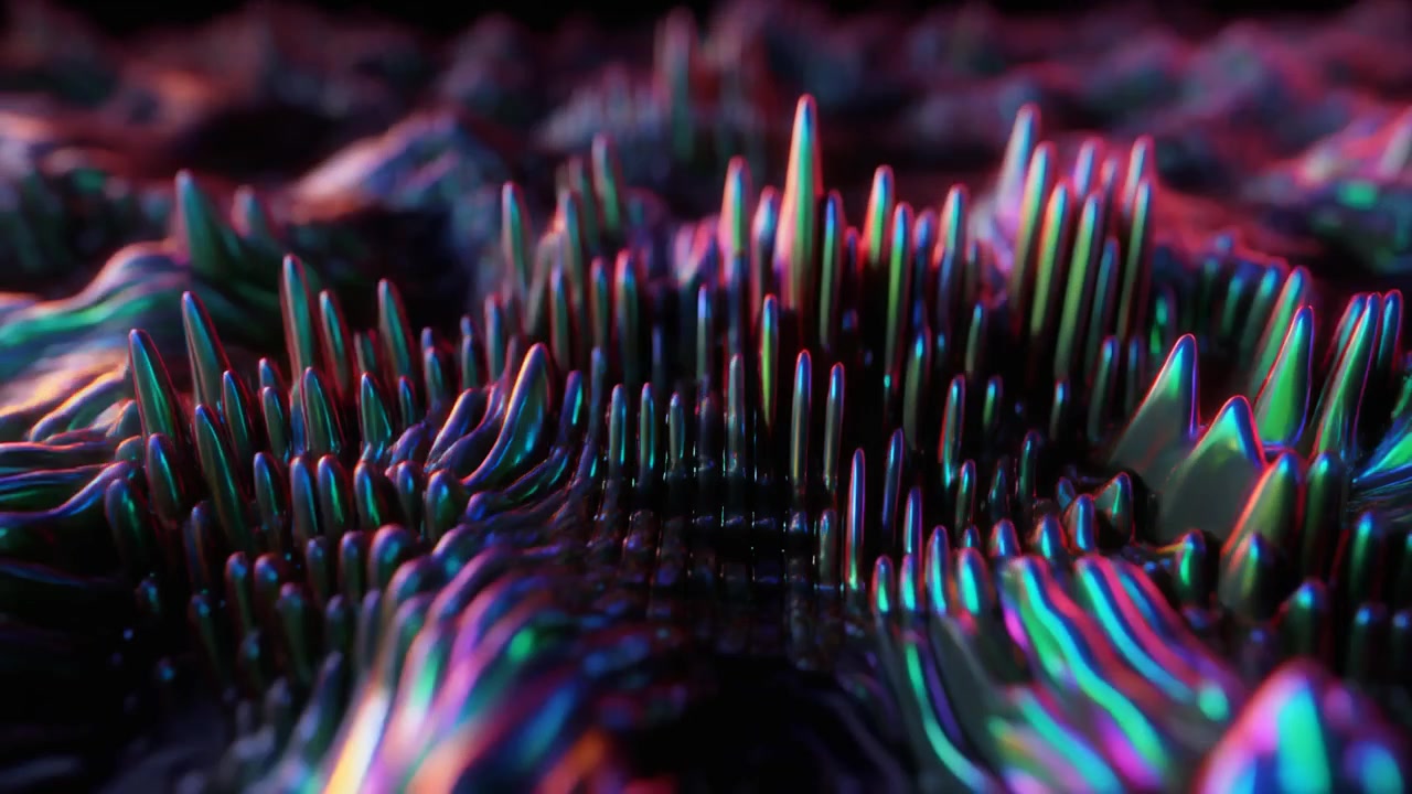 Abstract 3D Animation of Iridescent Metallic Spikes Moving in Waves