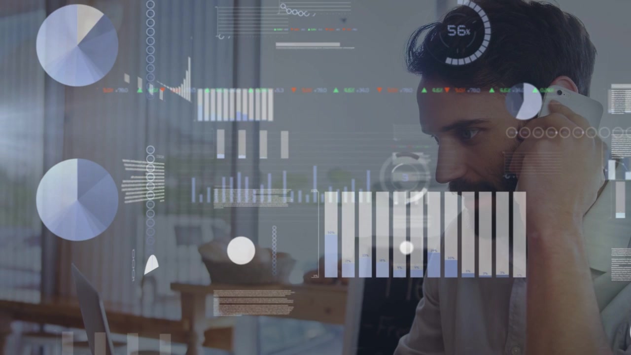 Vertical video: Man taking phone call and typing on laptop, business data over screen monitoring