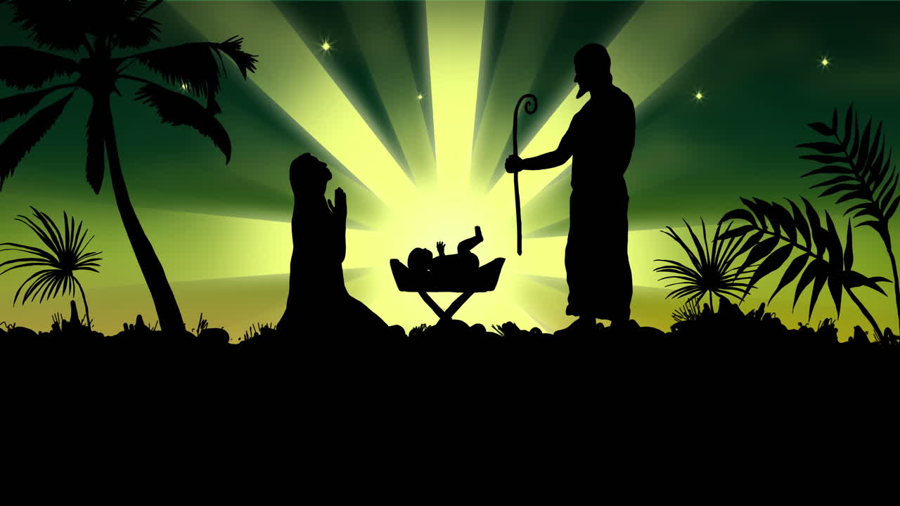 Animazione della silhouette della scena della Natività su una stella cadente verde su sfondo verde.