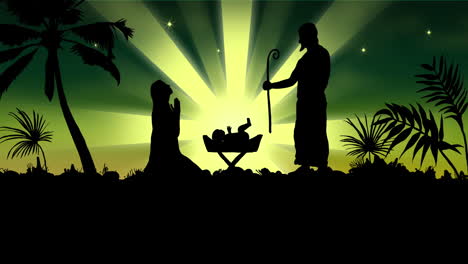 animación de la silueta de la escena de la natividad sobre estrella fugaz verde sobre fondo verde