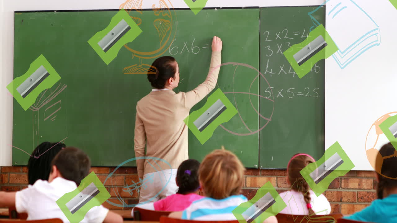 animación de suministros escolares que caen sobre diversos escolares en clase en la escuela
