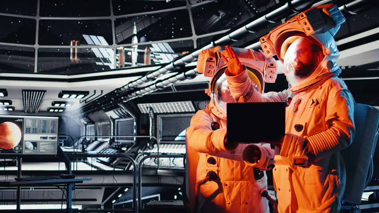 Team of astronauts shielding eyes from bright red light flooding shuttle