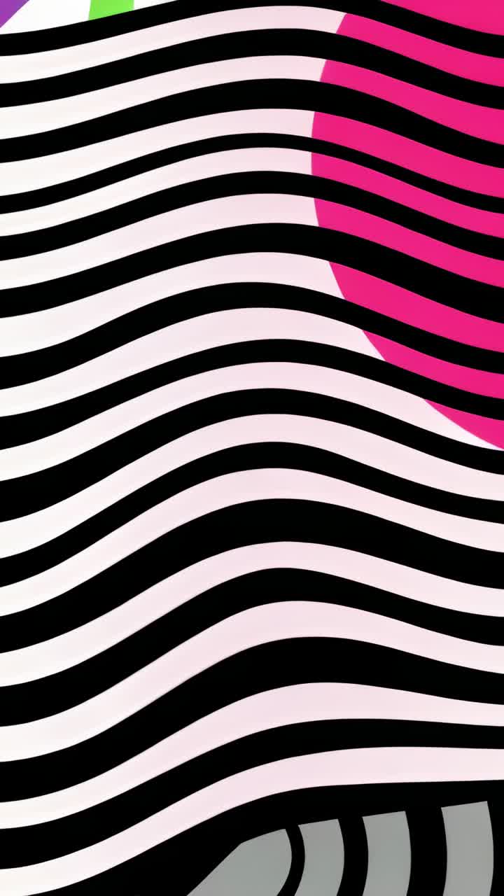 Vertical video: Playback showing black stripes waving on cream backdrop with magenta green pulses