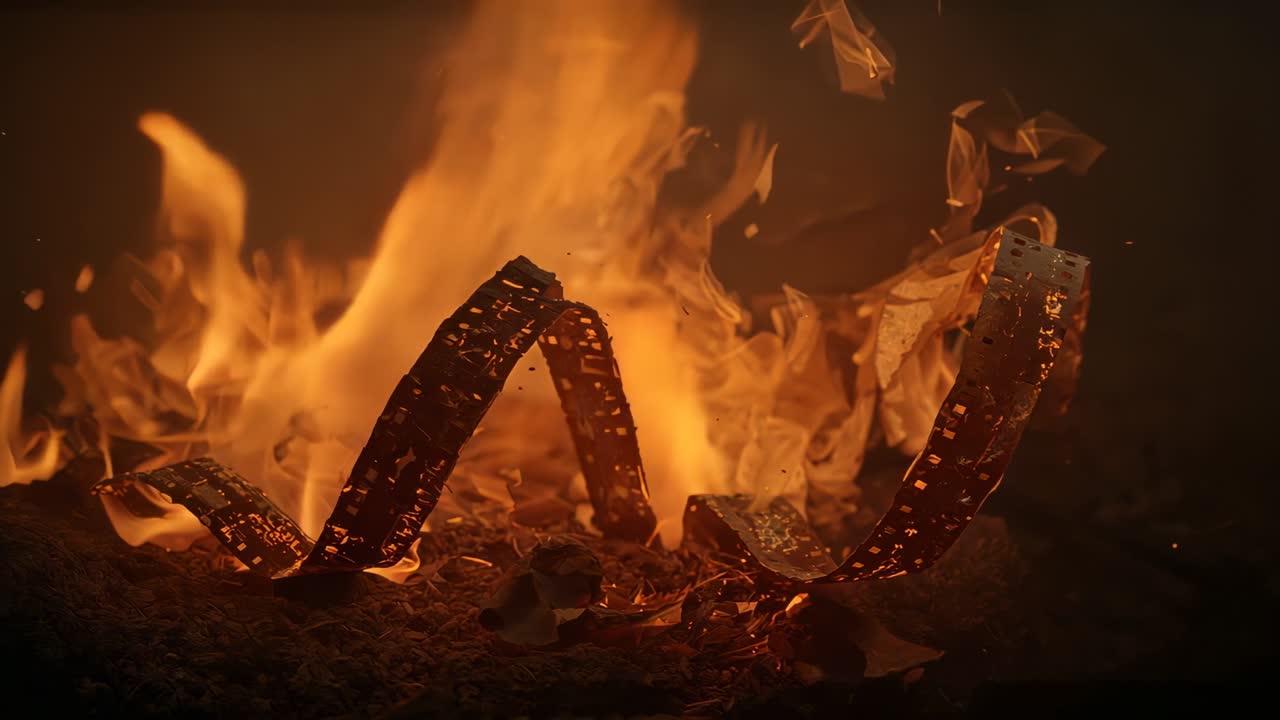 Starting flames licking film strip edges, curling film on dark ashy ground with glowing embers