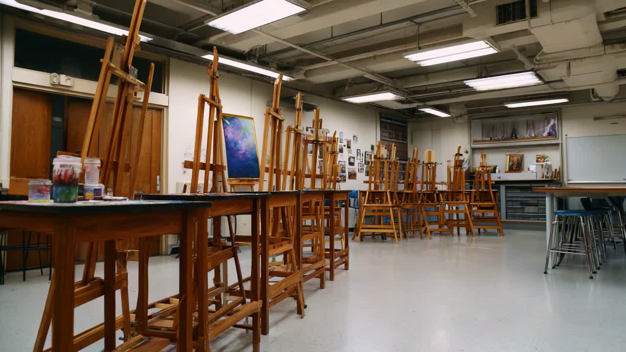 Art Studio with Empty Easels and Colorful Painting - A Glimpse into a Creative Space Ready for Artistic Expression and Learning