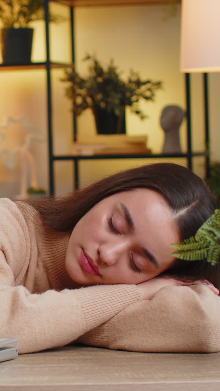 Bored sleepy business woman worker works on laptop leaning on hands falling asleep at home table