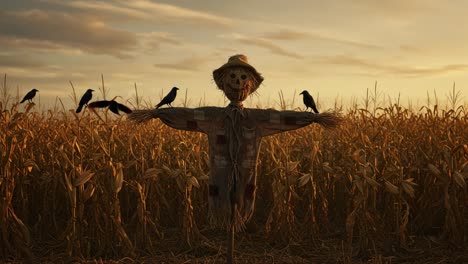 a scarecrow standing tall amongst golden corn fields at dusk, protecting crops from birds while the sun sets in a beautiful sky