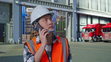 close up of asian male engineer with safety helmet talking on smartphone while standing , outside of logistics distributions warehouse