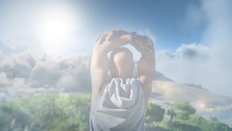 Animation-of-glowing-lights-over-senior-man-exercising-and-clouds-background