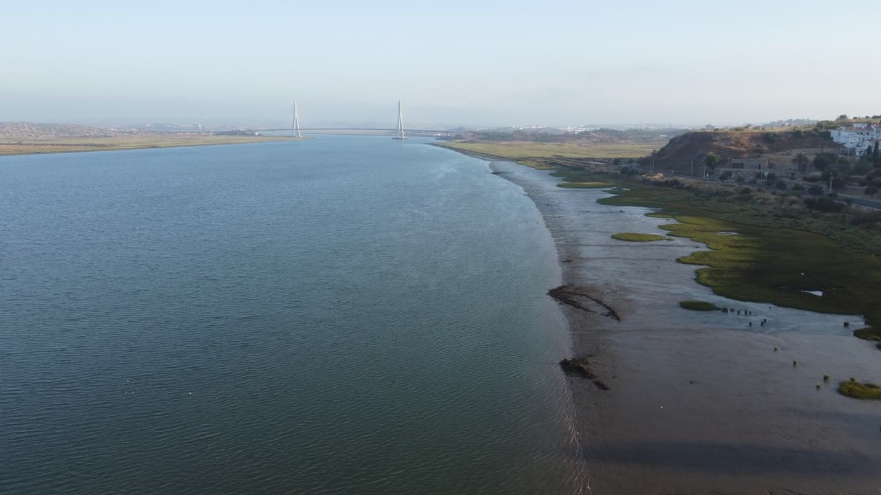 Drone shot oftThe river Rio Guadiana with Portugal on the left and Spain on the right