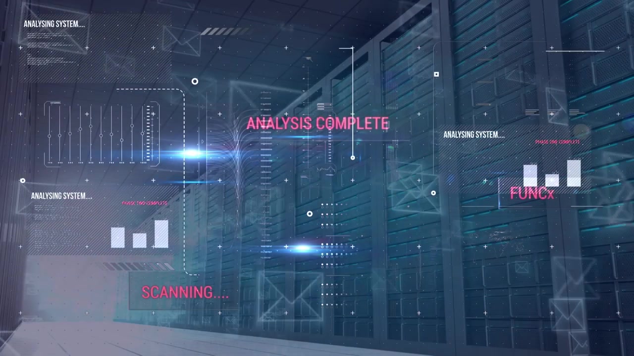 Animation of emails, data processing and analysis complete over servers
