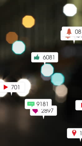 animation of social media icons and numbers over out of focus city and car lights