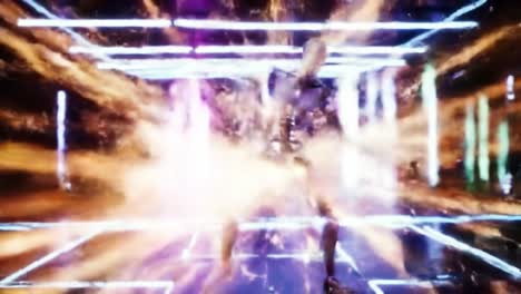 a futuristic robot dancing in a neon-lit environment with dynamic visual effects showcasing advanced technology and digital artistry