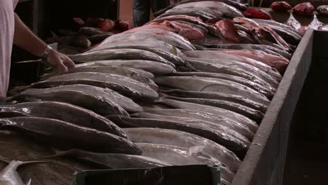 sábado por la mañana en el mercado de pescado en la ciudad de victoria , pescador vendiendo pescado fresco temprano en la mañana