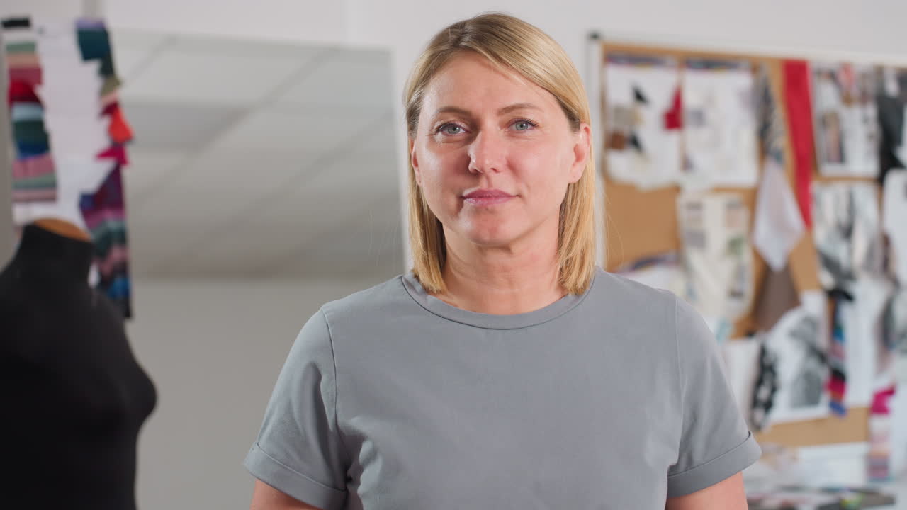 Tall beautiful dressmaker smiling warmly while looking directly at camera in bright creative workspace, standing confidently against blurred inspiration board and colorful fabric samples