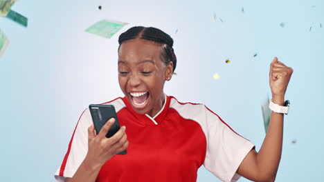 sports woman, cash rain and cellphone in studio