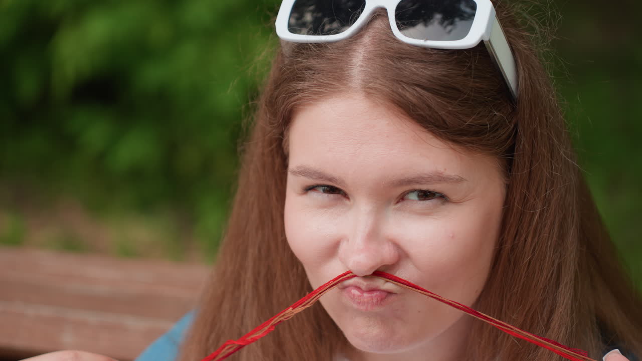 Close up of young woman sitting outdoors holding red embroidery thread across face making funny playful expression , surrounded by lush greenery and soft natural daylight in relaxed atmosphere