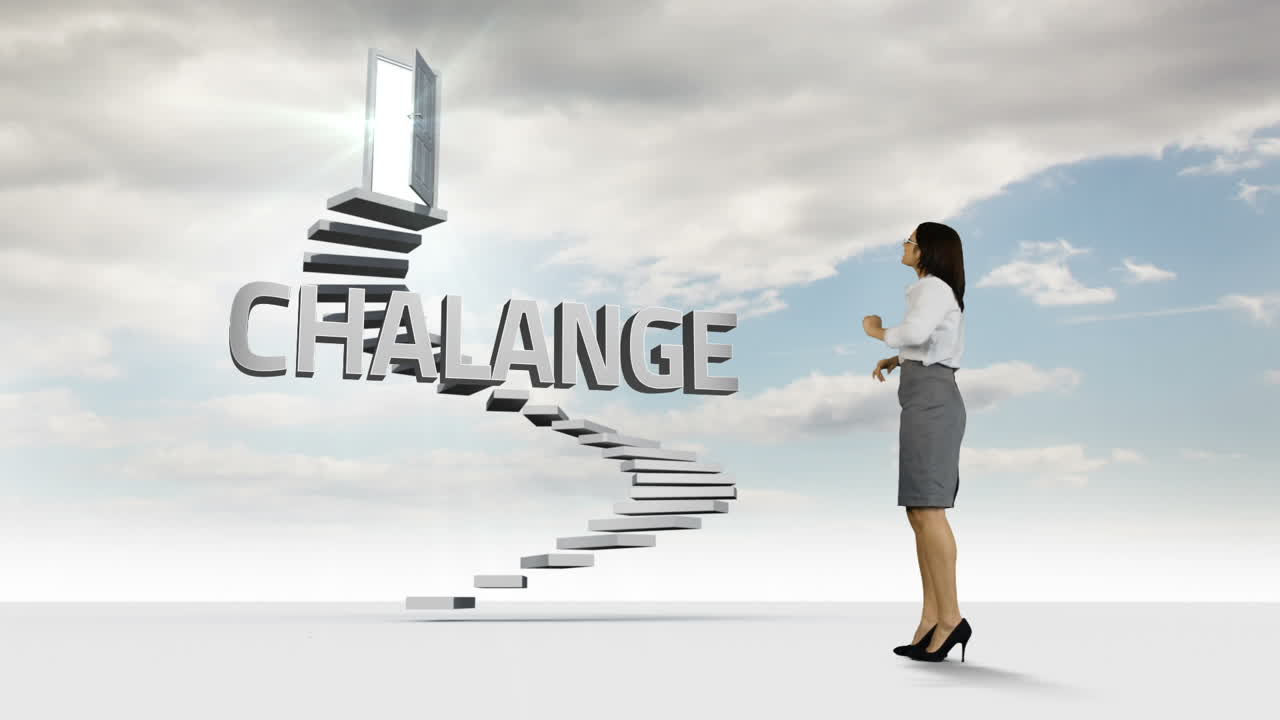 Businesswoman looking at steps with a floating word in the sky 