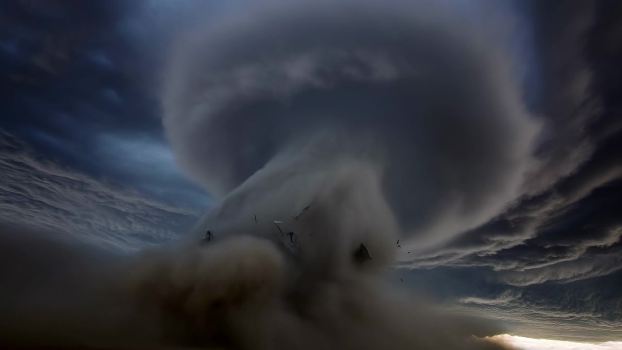 Low angle view of a powerful swirling storm cloud centered in a dark sky, with layered cloud bands and a bright glow near the horizon, creating a tense and ominous weather scene