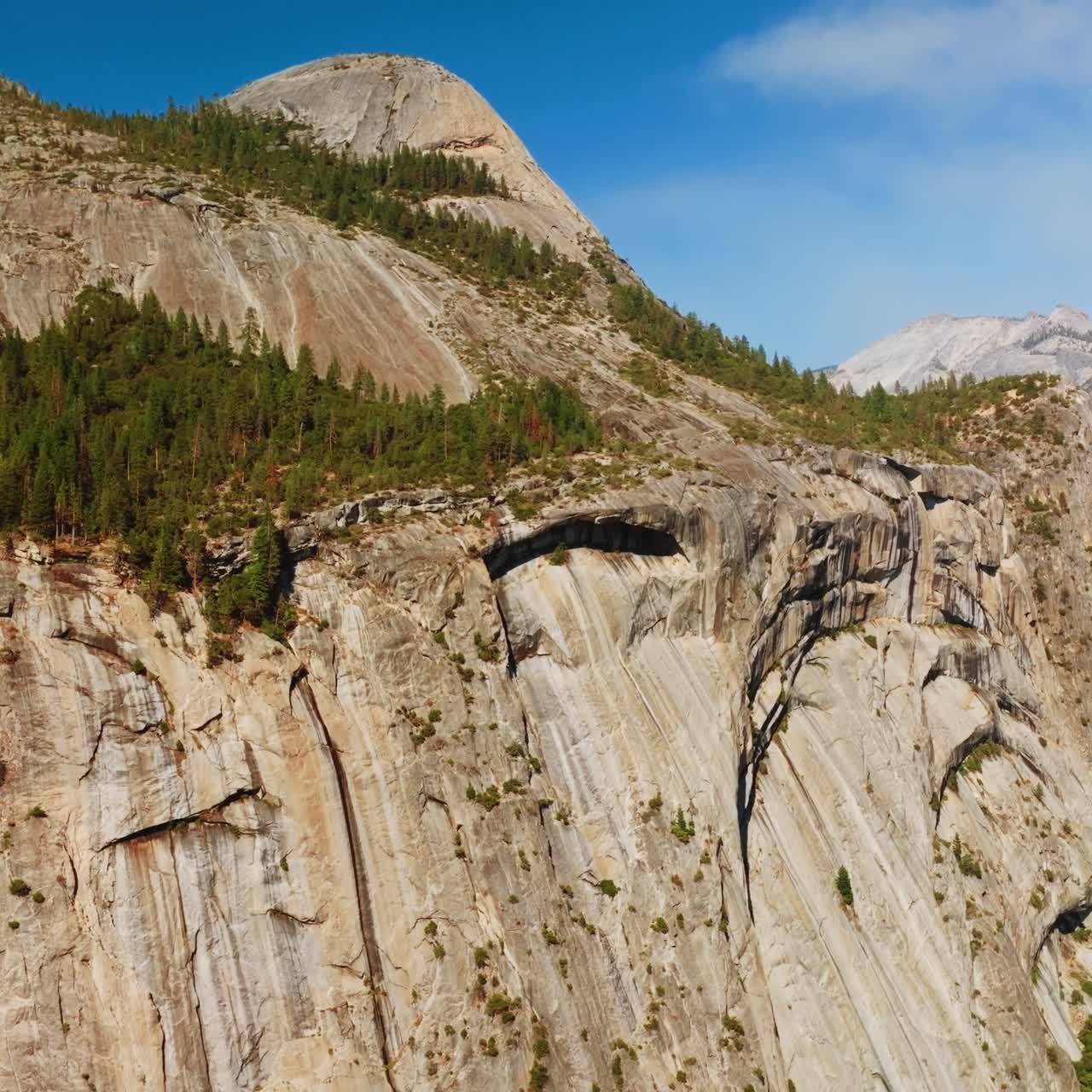 Amazing grey steep cliffs in Yosemite National Park, USA. Pine trees growing at the rocks and at the foot of mountains. Sunny day footage