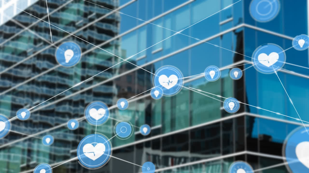 現代的なオフィスビルのアイコンを搭載した接続ネットワークのアニメーション