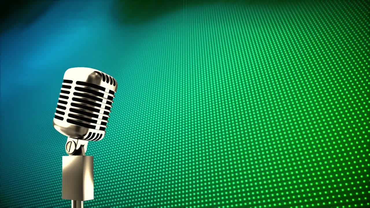 animación del micrófono retro sobre fondo de puntos azules y verdes