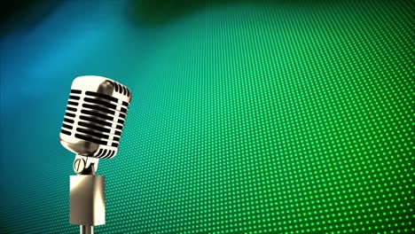 animation of retro microphone over blue and green dots background