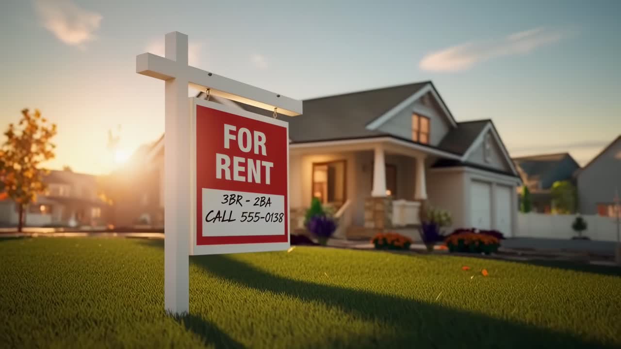 Wide-angle video of a 'For Rent' sign in front of a suburban house at sunset