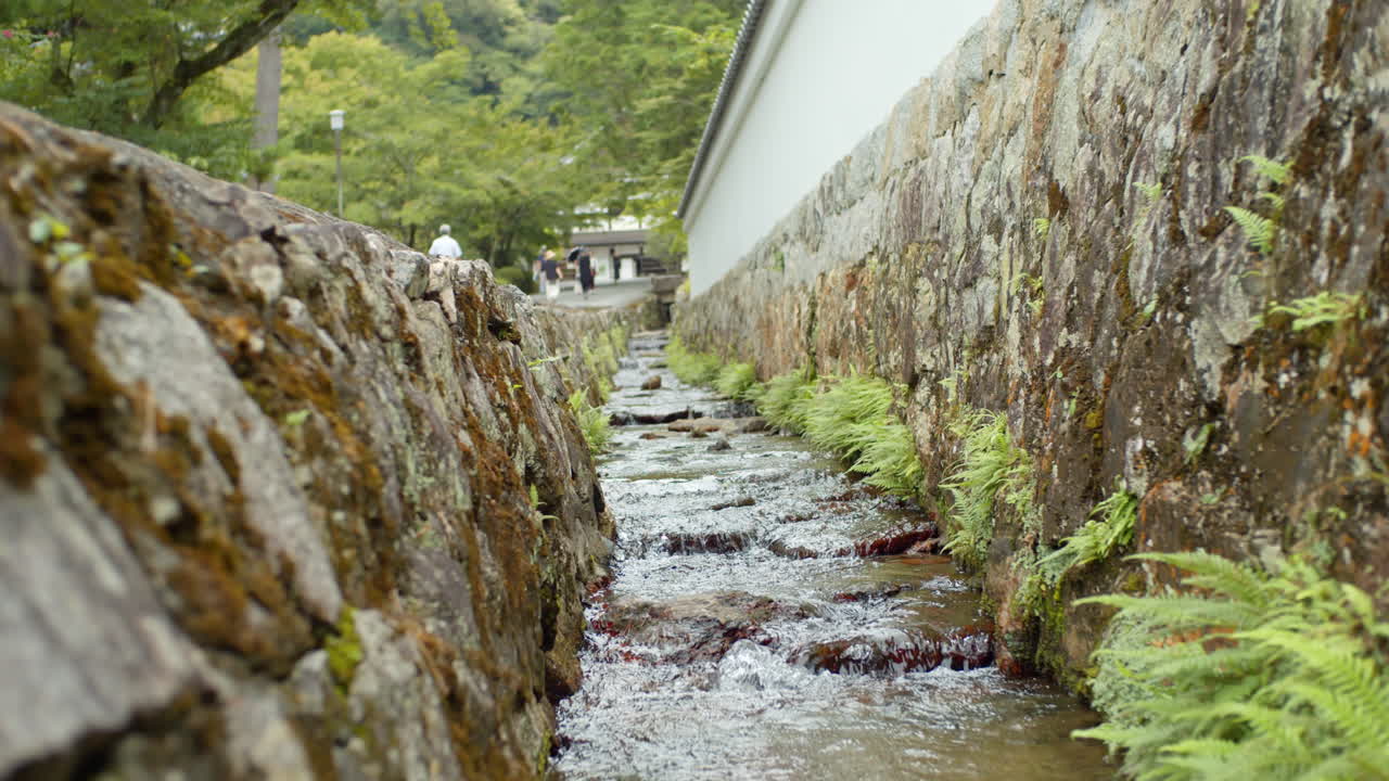 río tranquilo que fluye temprano en la mañana junto a una pared que rodea un templo en kyoto, japón iluminación suave