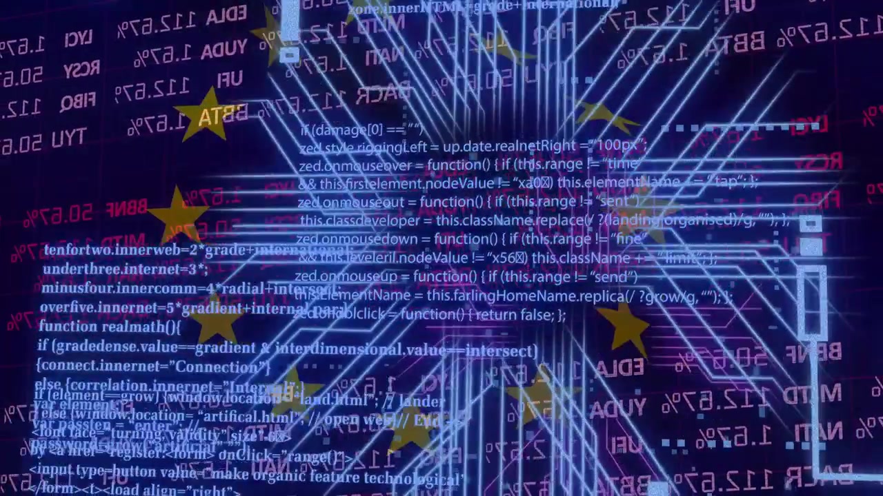 Layered scene showing red data starting scrolling, neon circuits forming hub, visualizing EU stars