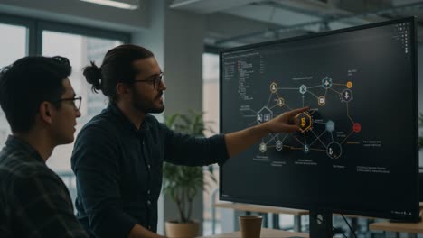 collaborative discussion on data visualization and analytics in a modern office, focusing on strategic insights and digital interactions