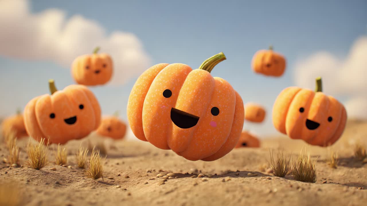 A Playful Scene of Cheerful Pumpkins Floating in a Sunny Landscape, Radiating Joy and Fun in a Whimsical, Animated Setting