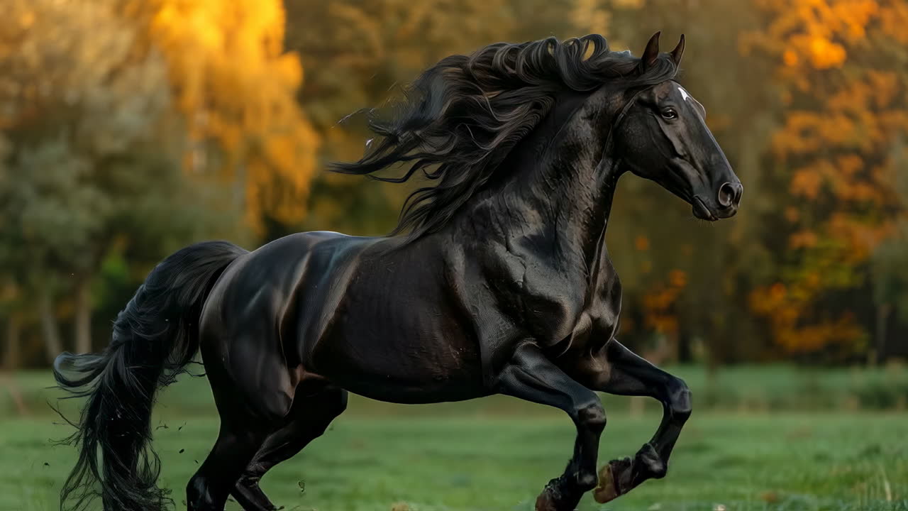 Black horse runs in green field. A strong black horse runs gracefully in a lush green field surrounded by trees during the golden hour of sunset