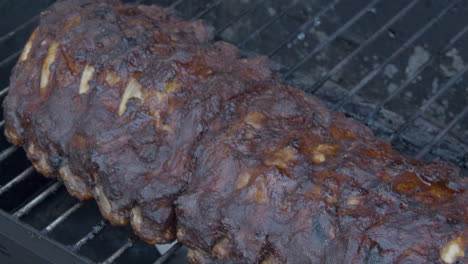 panorámica sobre costillas asadas en una barbacoa de gas