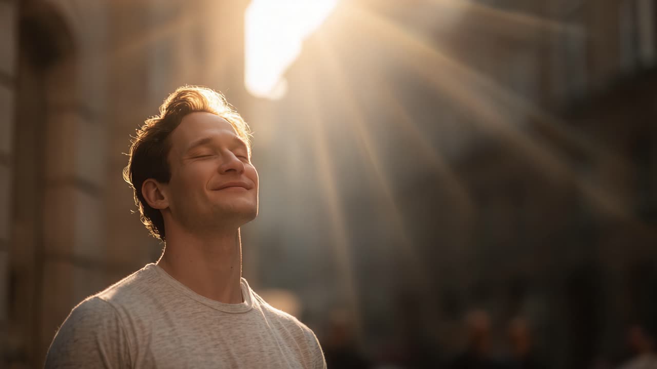 Un momento sereno capturado bajo la luz dorada del sol, mostrando a una persona experimentando tranquilidad y alegría en medio de un ajetreado telón de fondo urbano, enfatizando la belleza de los momentos de paz en la vida cotidiana.