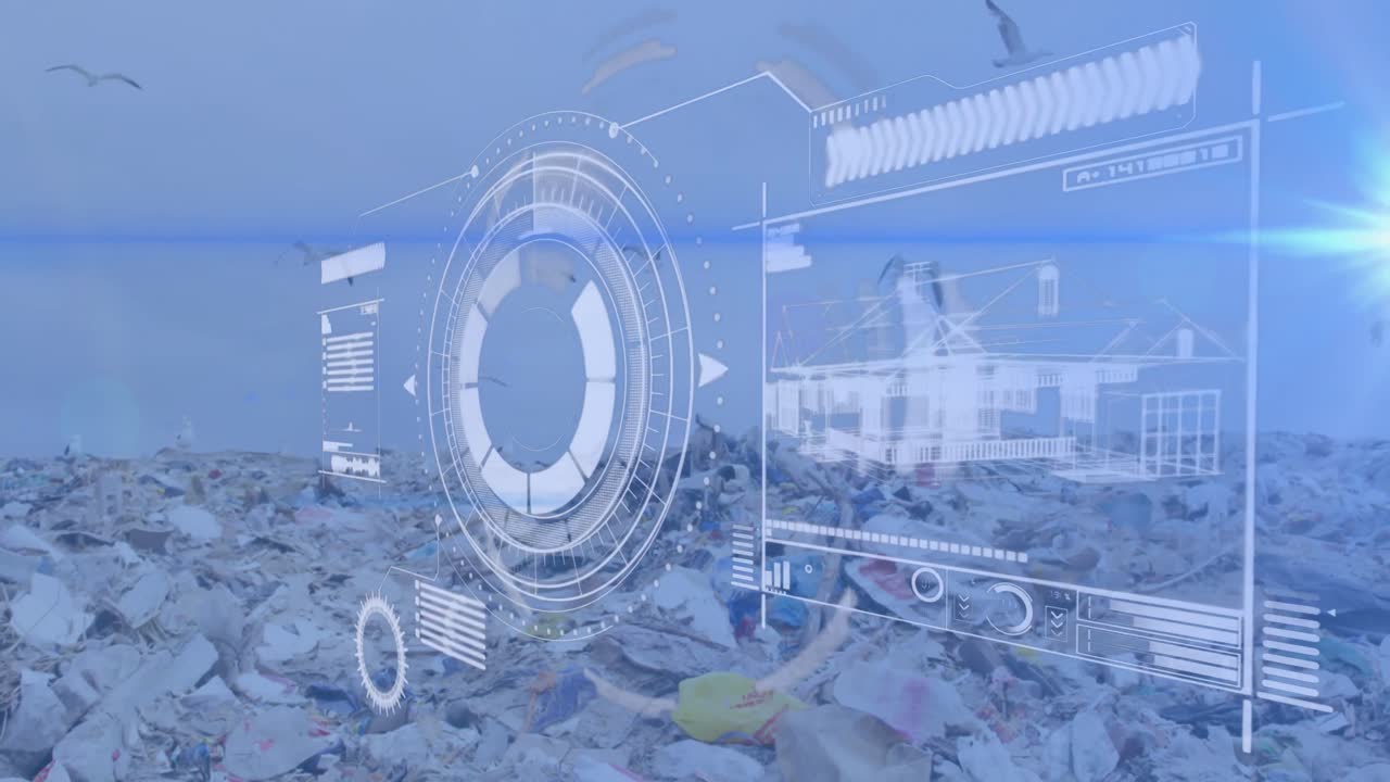 인터페이스와 함께 디지털 스캐너의 애니메이션과 은 하늘을 향해 쓰레기 매장 위를 날아다니는 새