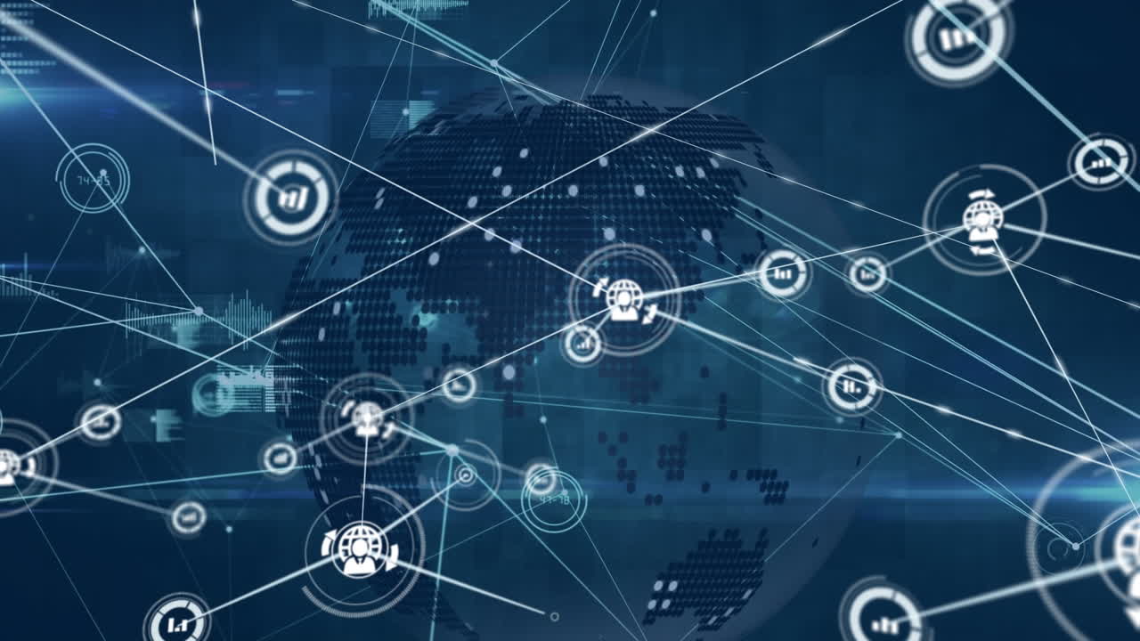 Animation of network of communication icons over globe and data processing on dark background