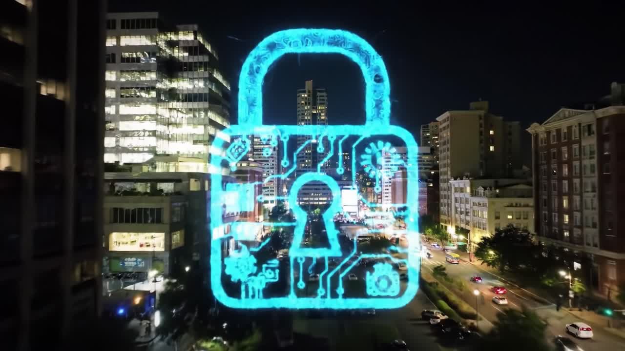 Cybersecurity Cityscape at Night