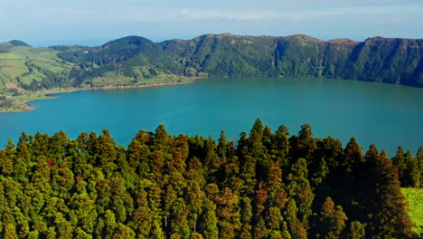 Aerial-drone-view-of-volcanic-lakes-in-Sao-Miguel,-Azores-Islands---Portugal