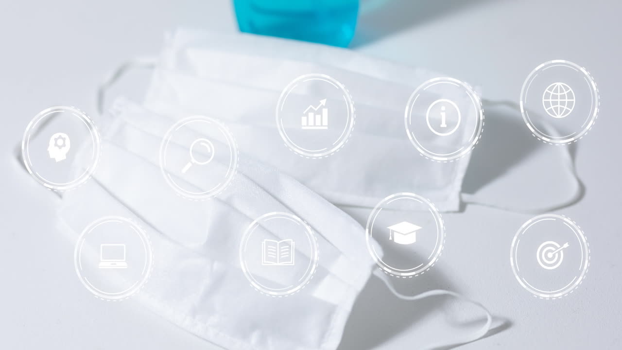 Two white masks floating on white surface, featuring nine semi transparent education and tech icons