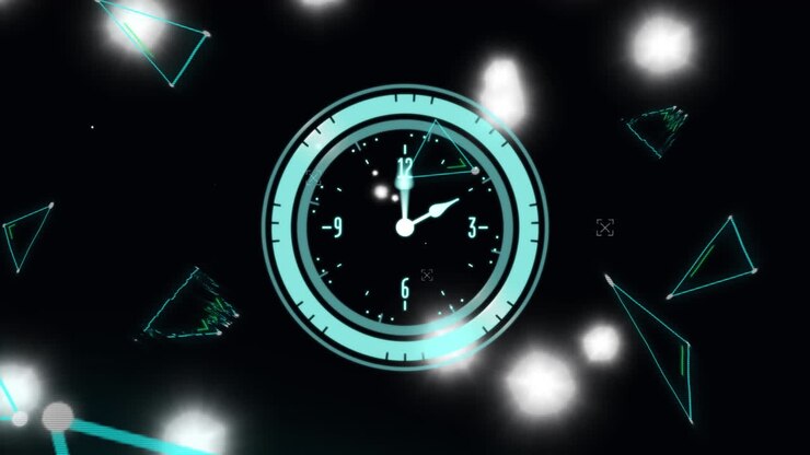 Animation of digital clock over circles against geometric shapes on black background