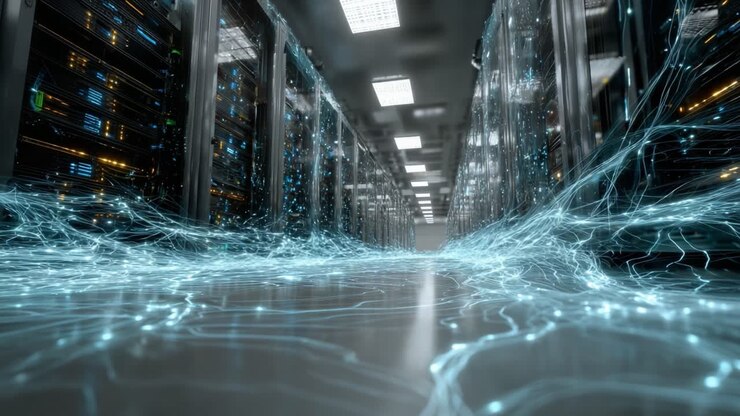Dynamic Visual Representation of Data Flow in a Server Room with Streamlined Connectivity and Electric Currents Illuminating the Path for Information Transfer