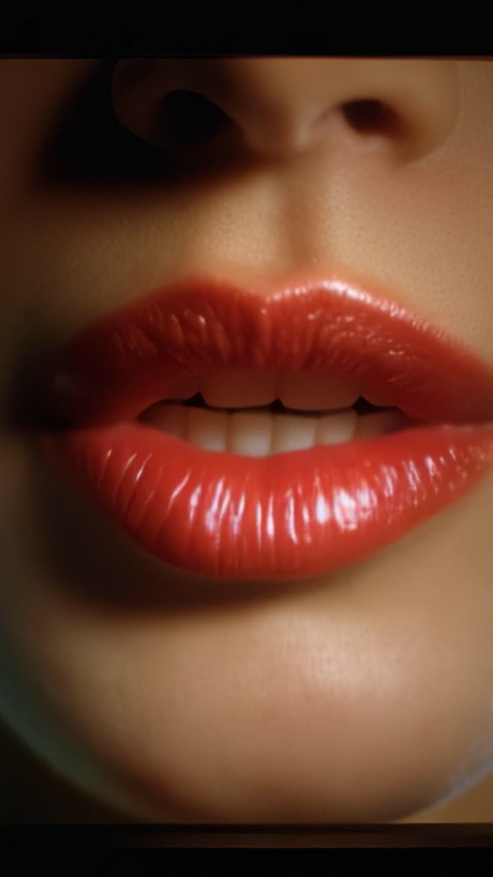 Bellissimo primo piano di labbra lucide e perfettamente modellate che mostrano un rossetto rosso vibrante, enfatizzando ricchezza e fascino in uno straordinario spettacolo visivo.