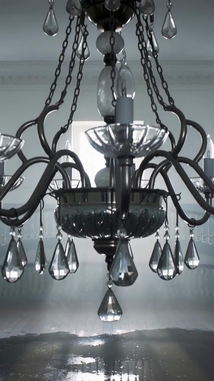 Video verticale: La telecamera si muove rivelando un lampadario di cristallo in un grande atrio, con la luce che filtra dalla finestra.