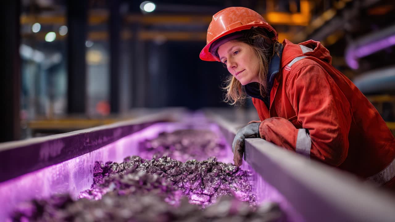 A focused worker examines mineral ore processing in a mesmerizing industrial setting, showcasing dedication and precision in a vibrant, high-tech environment