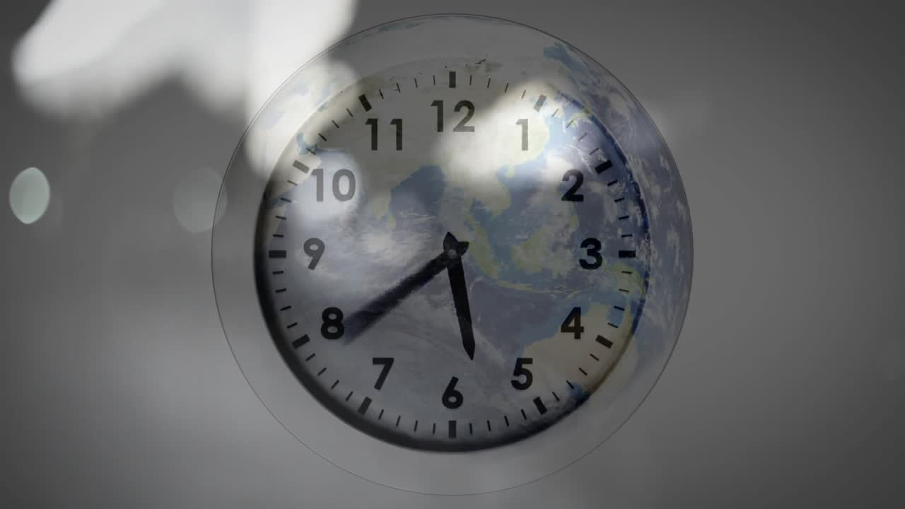 Analog clock starting clear, globe overlay rising while hands advancing, creating double exposure